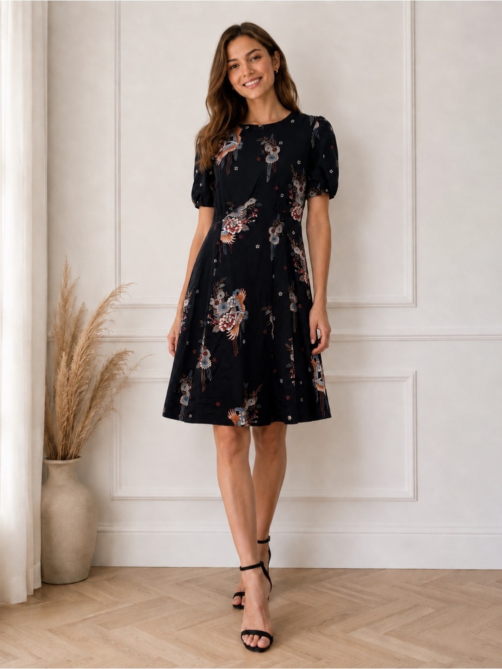 ASOS Black Floral Midi Dress with Puff Sleeves 4
